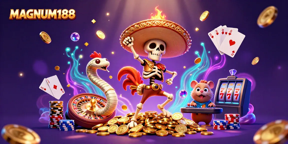 Experience MAGNUM188 with animated characters celebrating over a pile of casino winnings.