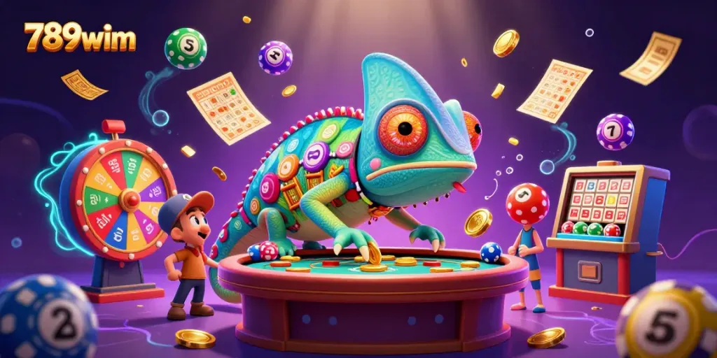 Engage with thrilling games at 789wim while colorful lottery balls and golden tickets surround a chameleon casino owner.