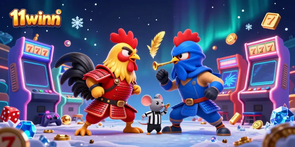 Engage with the thrilling arena of 11winn featuring cartoon roosters in a gaming showdown amidst vibrant casino elements.