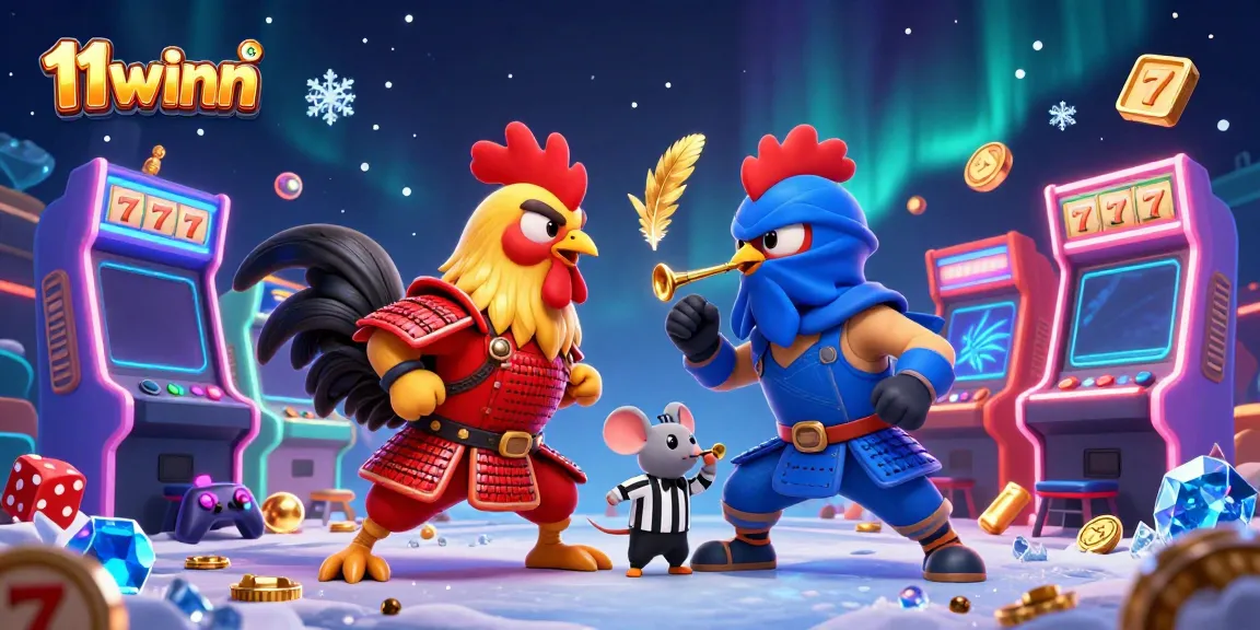 Engage with the thrilling arena of 11winn featuring cartoon roosters in a gaming showdown amidst vibrant casino elements.