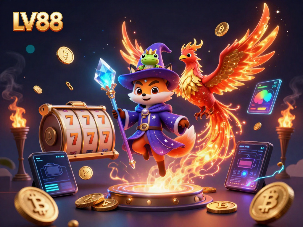 Experience LV88's thrilling casino magic with a wizard fox, phoenix, and sparkling game elements.