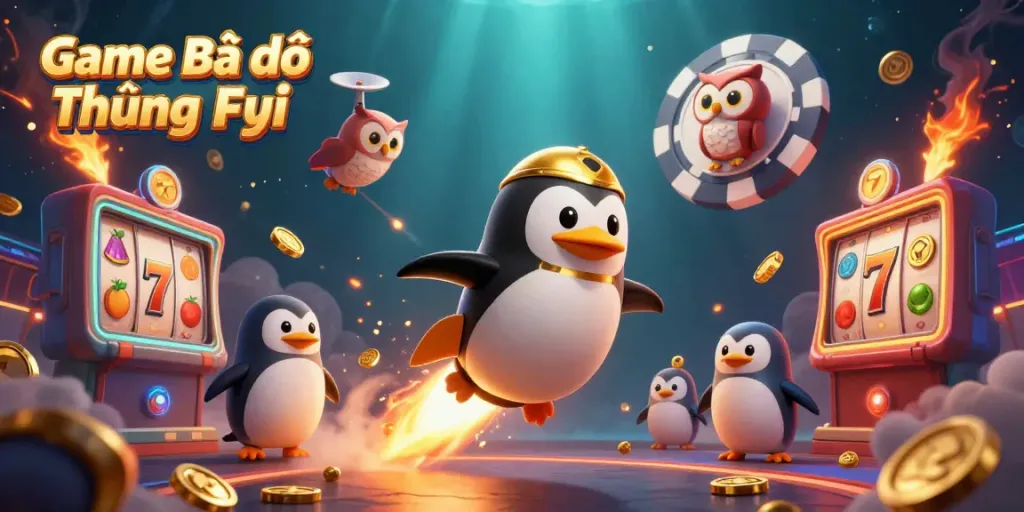 Engage with Game Bài Đổi Thưởng Fyi, featuring a dynamic scene of a penguin and casino elements symbolizing online gaming excitement.