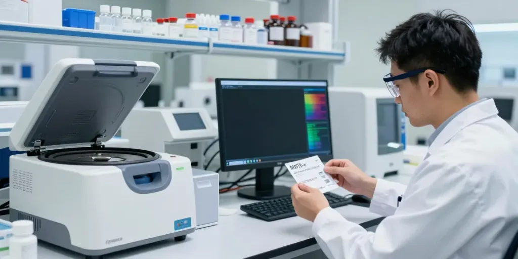 MOTS-c peptide analysis in a modern laboratory with a scientist examining samples.