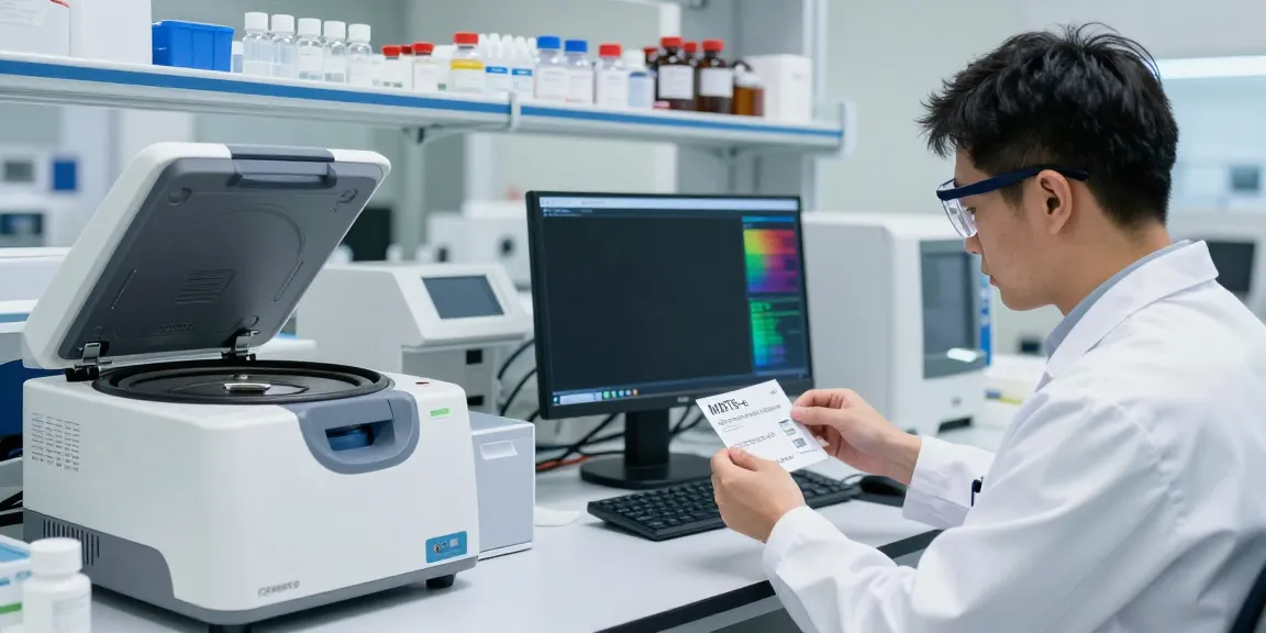 MOTS-c peptide analysis in a modern laboratory with a scientist examining samples.