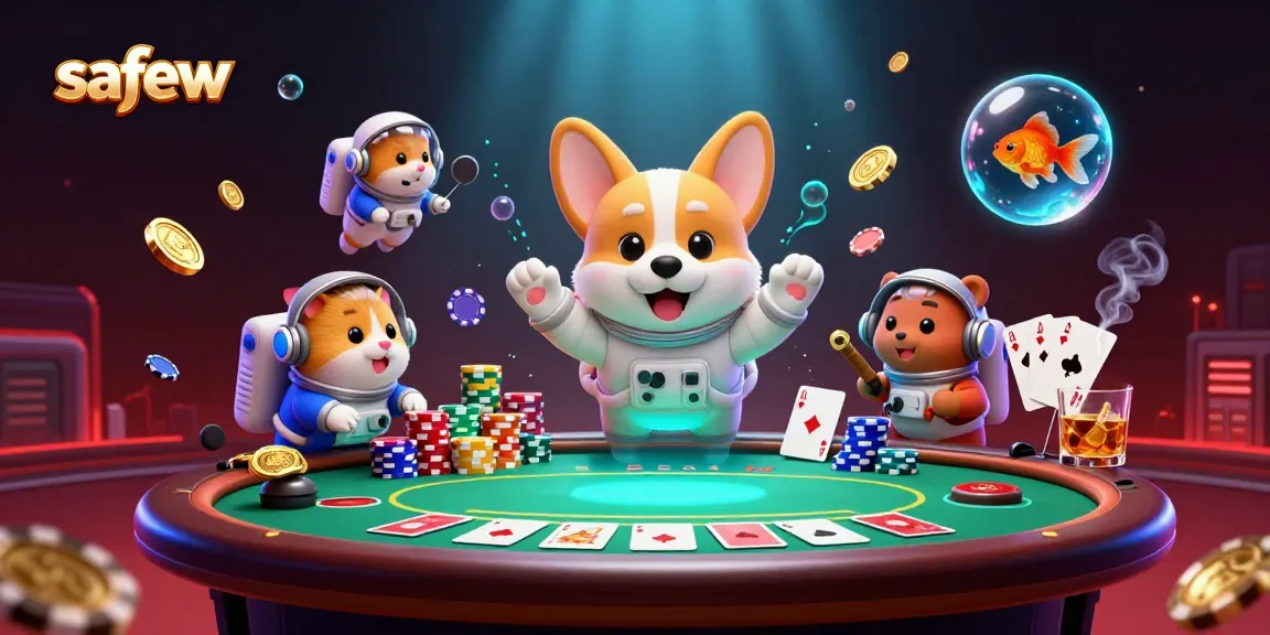 Experience safew communication in a vibrant space station casino illustration with a floating corgi and poker elements.