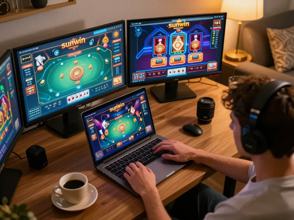 Engage with sunwin's online casino platform in a cozy gaming setup, enhancing your strategic betting experience.
