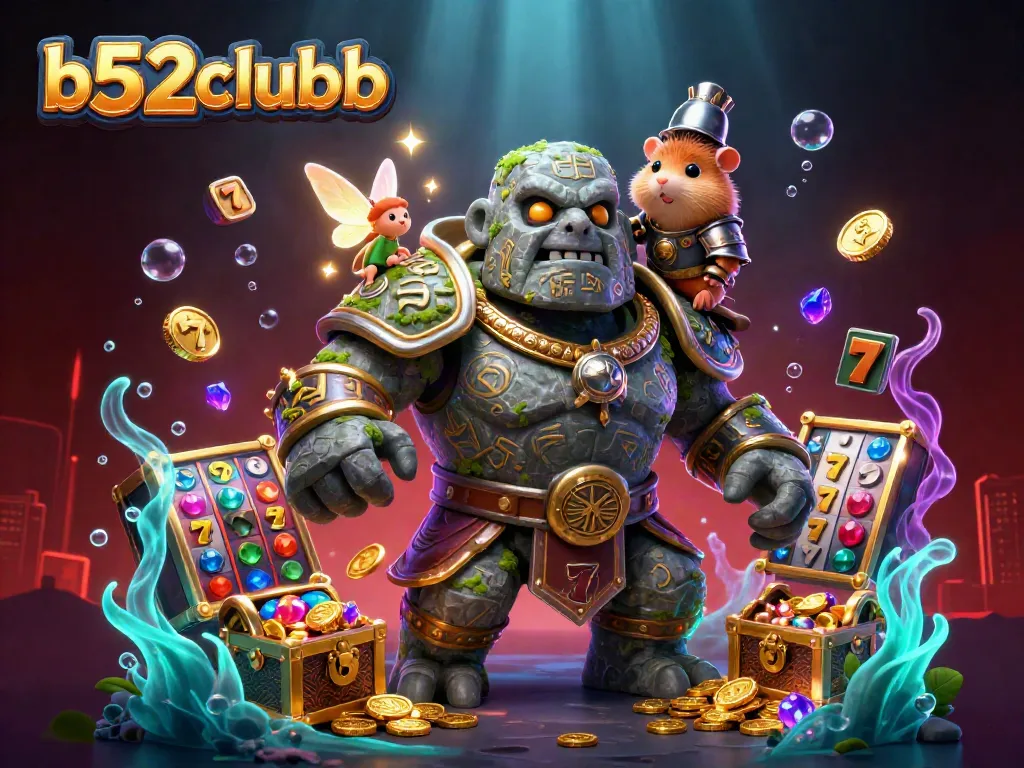 Bets and wins abound at b52clubb, illustrated through magical 3D visuals of a golem guardian, coins, and lively casino symbols.