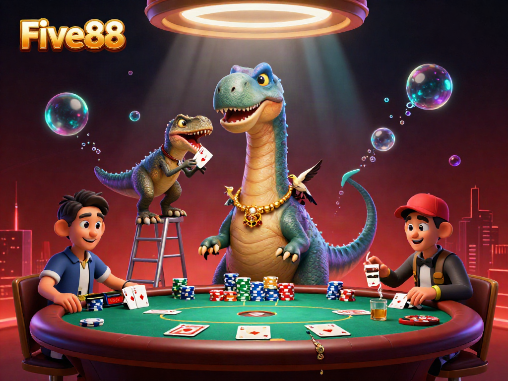 Experience thrilling poker games at Five88 with a giant brontosaurus dealer and vibrant casino elements.