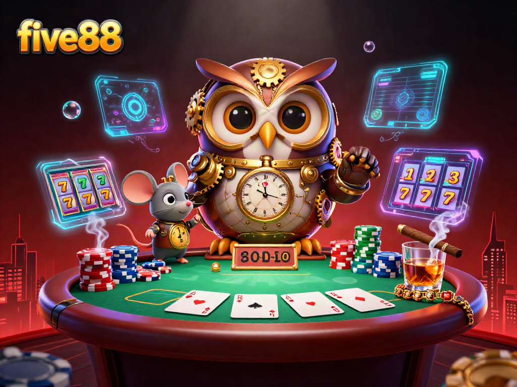 Experience the excitement of five88 through a vibrant scene showcasing poker, slots, and dynamic casino elements.