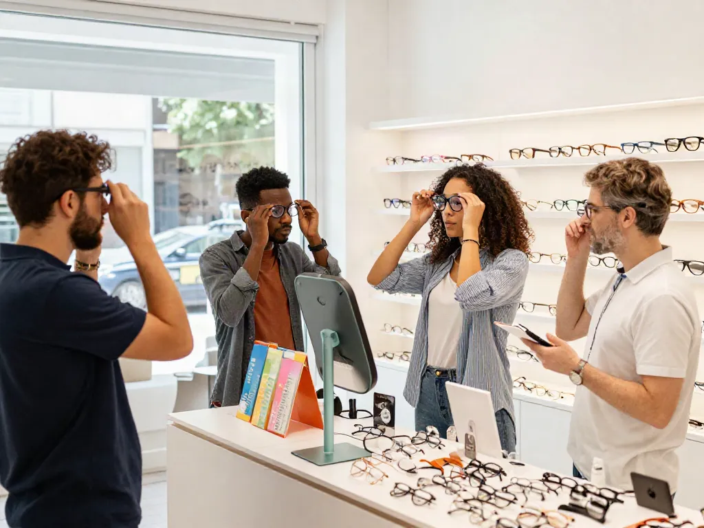 Lively scene of customers exploring lentes de contato com grau in a modern eyewear store.