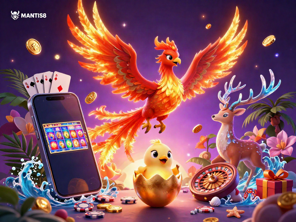 Experience the thrilling world of MANTIS88 with a dynamic casino-themed scene featuring phoenixes and slot games.
