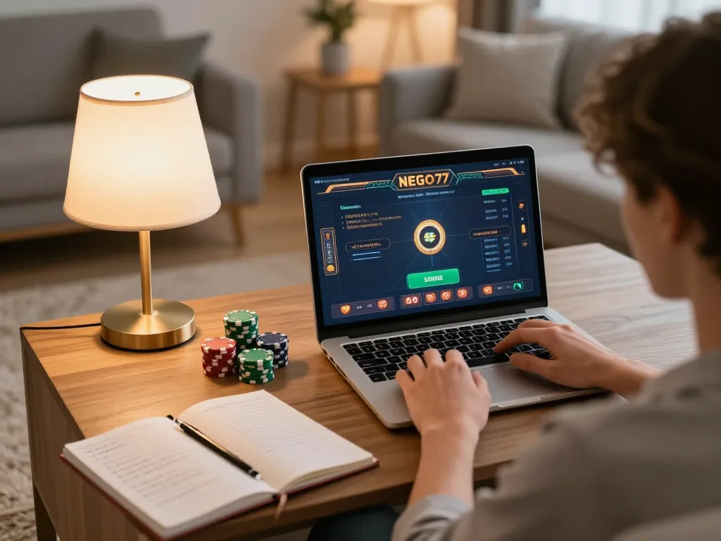 Engaging in online gaming at NEGO77 through the link resmi with an inviting setup and strategic planning visible.