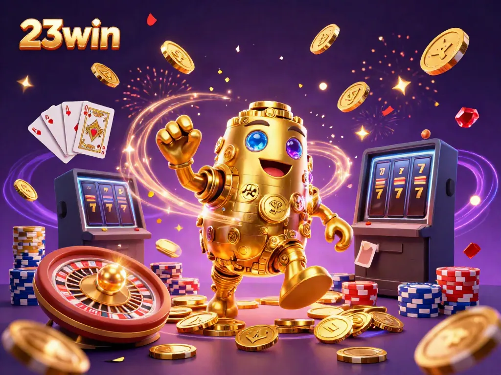 Experience the thrill of 23win with dynamic scenes of golden golems and vibrant casino elements.