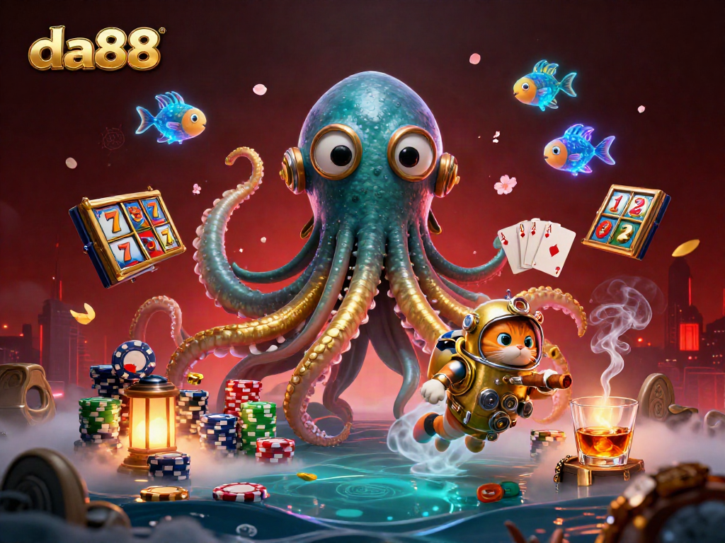 Experience exhilarating gaming at da88 with a 3D kraken emerging from treasures, vibrant slots, and poker elements.
