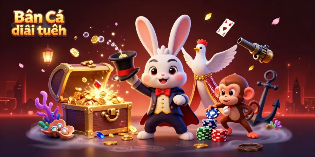 Bắn cá đổi thưởng scene featuring a magician rabbit pulling gold coins, playful dove assistant, and monkey with poker chips.