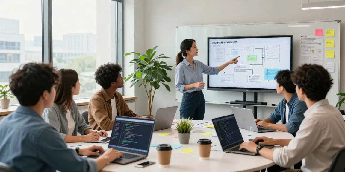Build internal tools with AI in a diverse tech workspace showcasing collaboration and innovation.