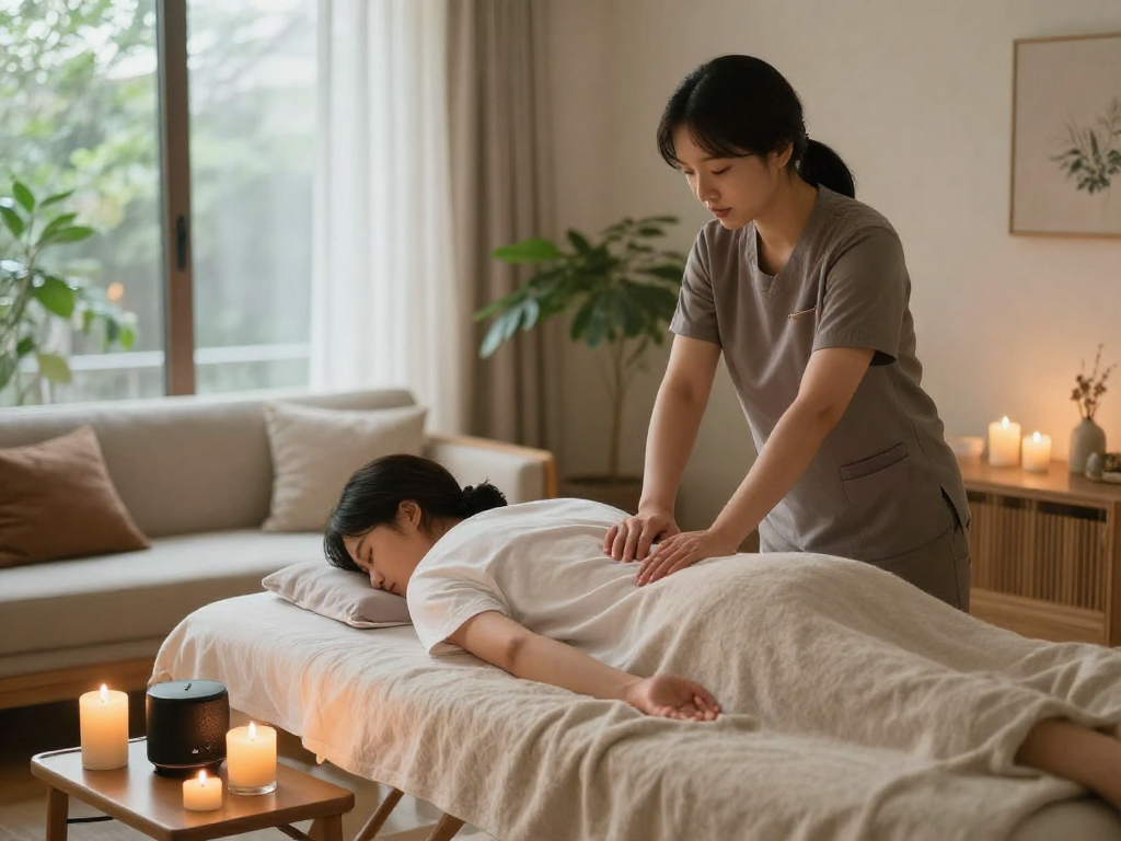 Experience 김포출장마사지 in a serene home setting with a professional therapist and relaxing atmosphere.