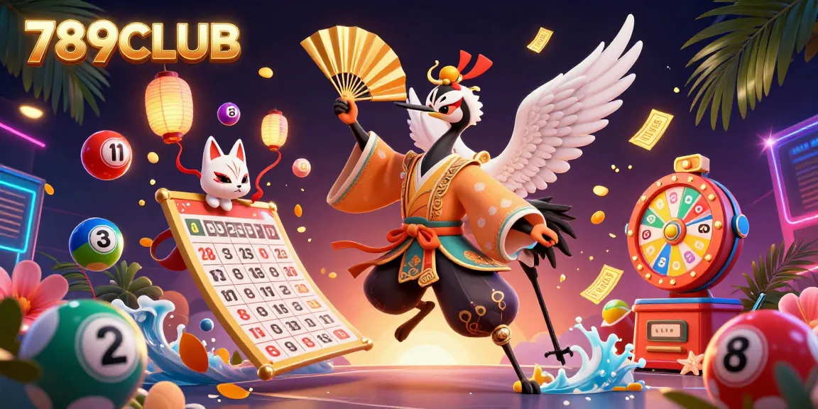 Engage in thrilling gameplay with 789CLUB, featuring a vibrant scene of a kabuki warrior and lottery elements.