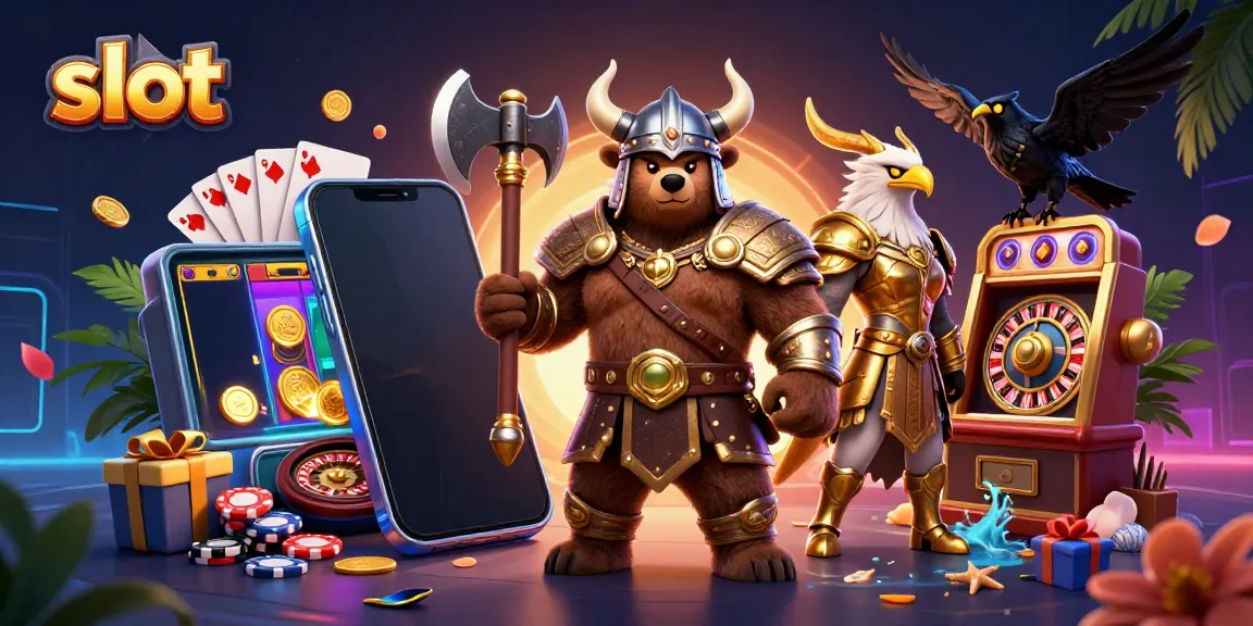Experience immersive slot action with a Viking bear and Valkyrie in a vibrant casino scene.