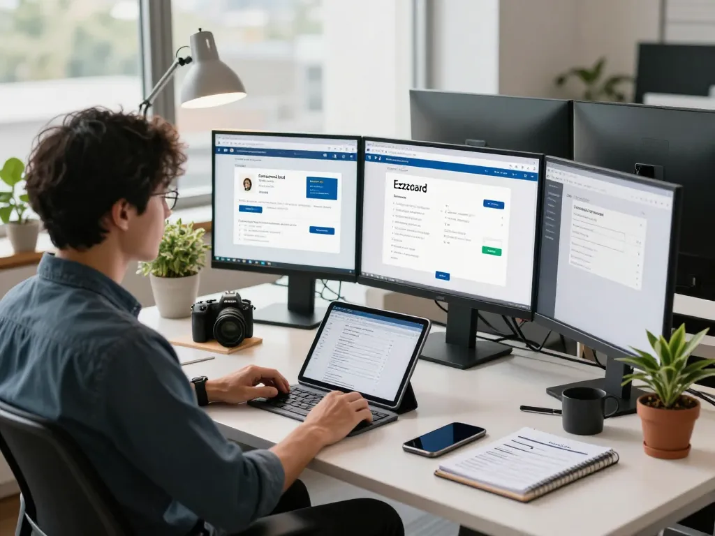 Ezzocard prepaid card user in tech workspace managing online payments with multiple screens and devices