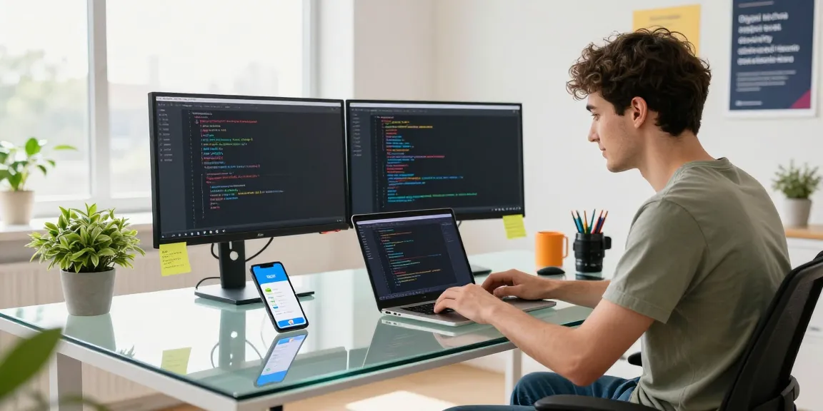 Experience seamless communication with Telegram Download, showcasing a developer at a bright workspace with multiple screens highlighting Telegram features.