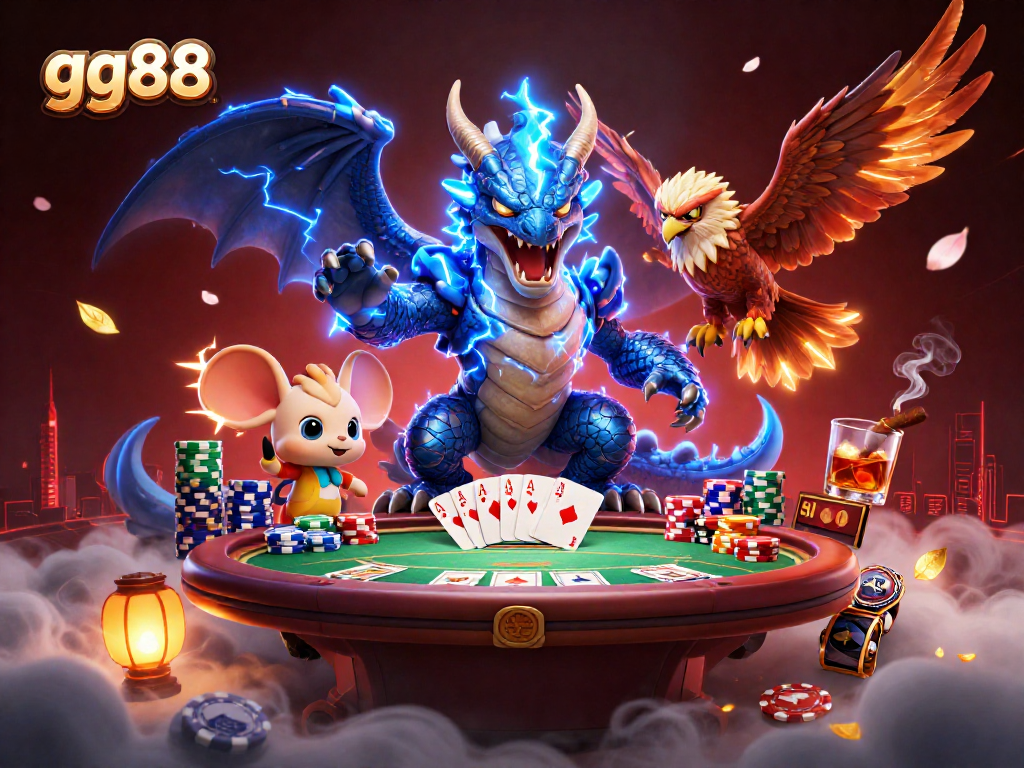 Engage in thrilling games at GG88, featuring vibrant 3D cartoon characters, poker elements, and dynamic casino atmosphere.