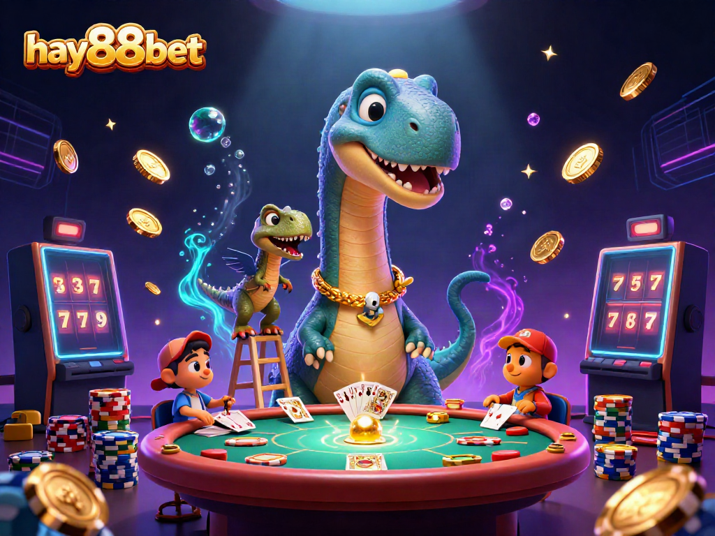 Experience thrilling gameplay at hay88bet with a majestic 3D brontosaurus and dynamic casino elements.