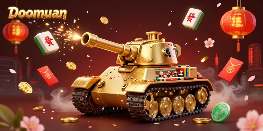Doomuan showcases a vibrant casino scene with a golden beetle tank and festive game elements.