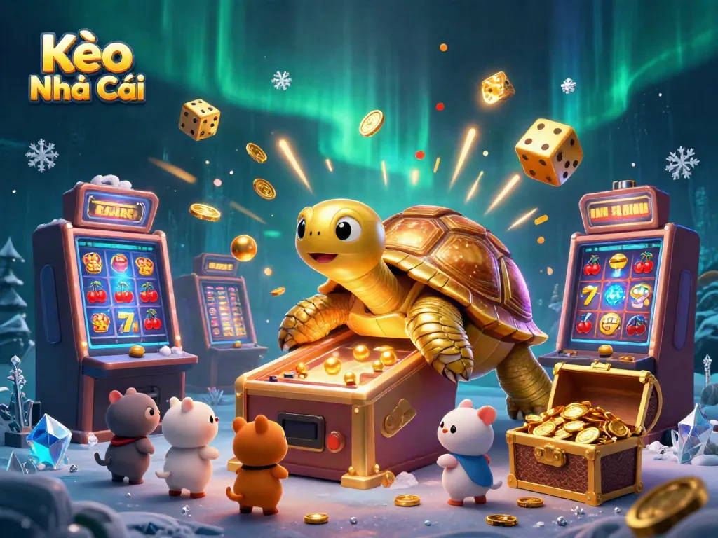 Kèo Nhà Cái features a vibrant scene with an excited tortoise, golden animals, and a jackpot explosion.