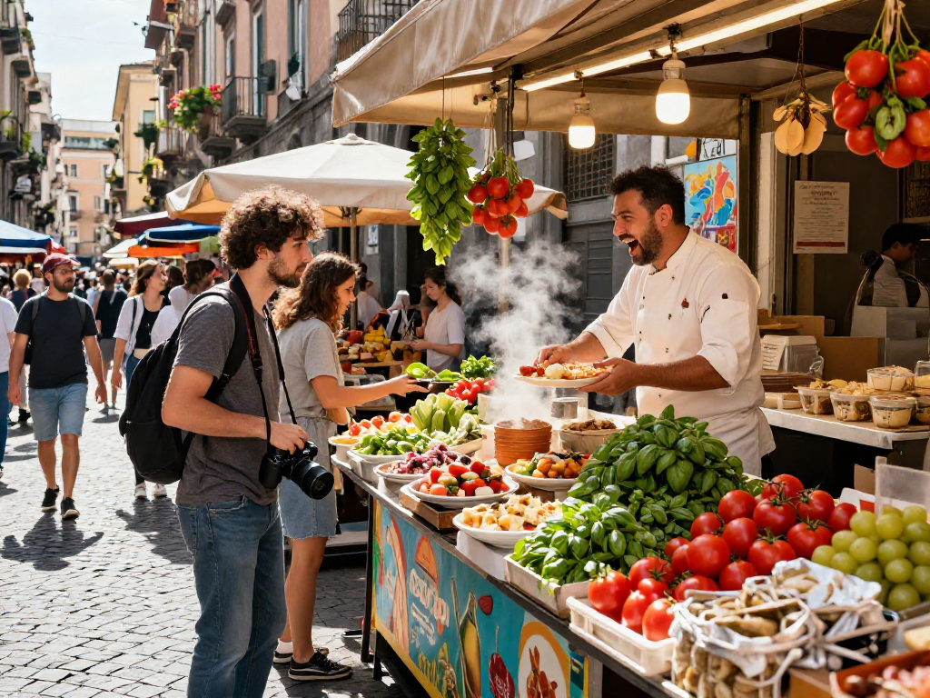 Vibrant street market in Naples where traveler enjoys local dishes, highlighting lavowin daftar.