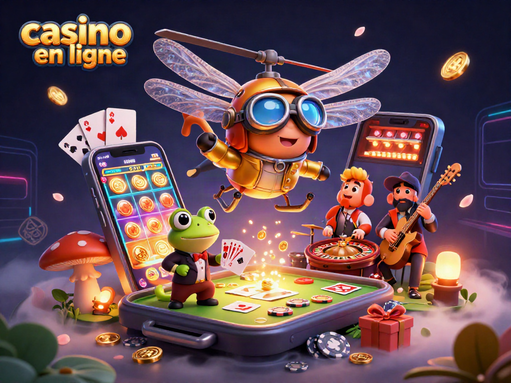 Joue à casino en ligne avec un croupier grenouille et un pilote libellule dans une scène animée de jeux.
