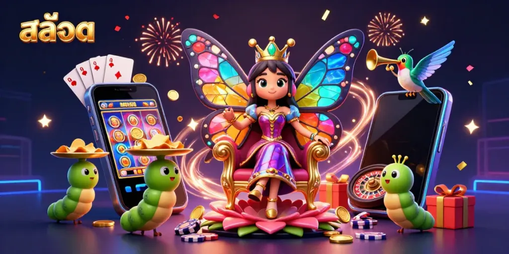 Experience the excitement of สล็อต with our 3D animated butterfly queen surrounded by casino elements.