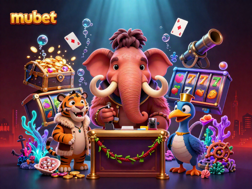 Join the excitement with mubet's lively casino scene featuring vibrant characters and slot machines.