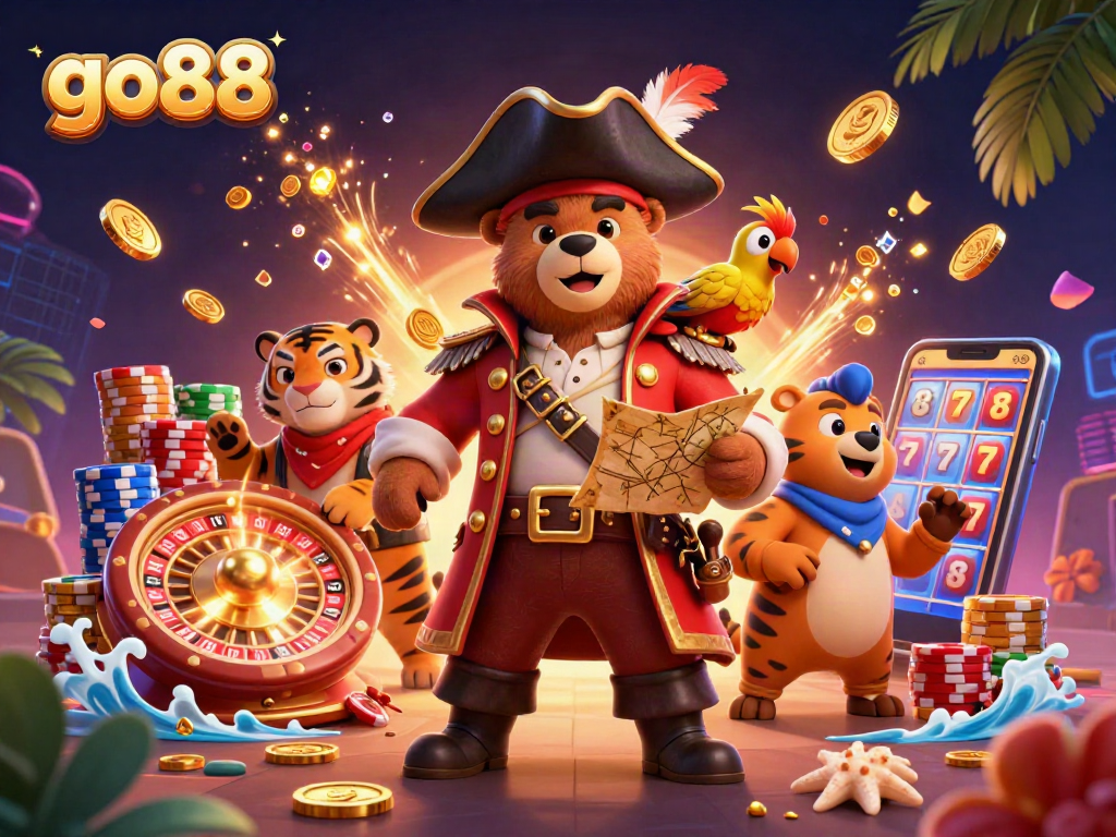 Experience go88's thrilling adventure with a pirate captain and his fierce crew in a vibrant casino setting.