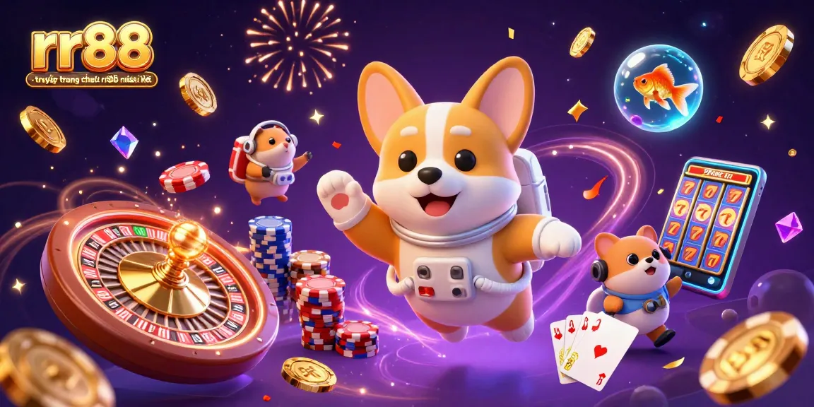 Experience rr88 - truy cập trang chủ nhà cái rr88 mới nhất with a bustling casino illustration featuring animated game elements.