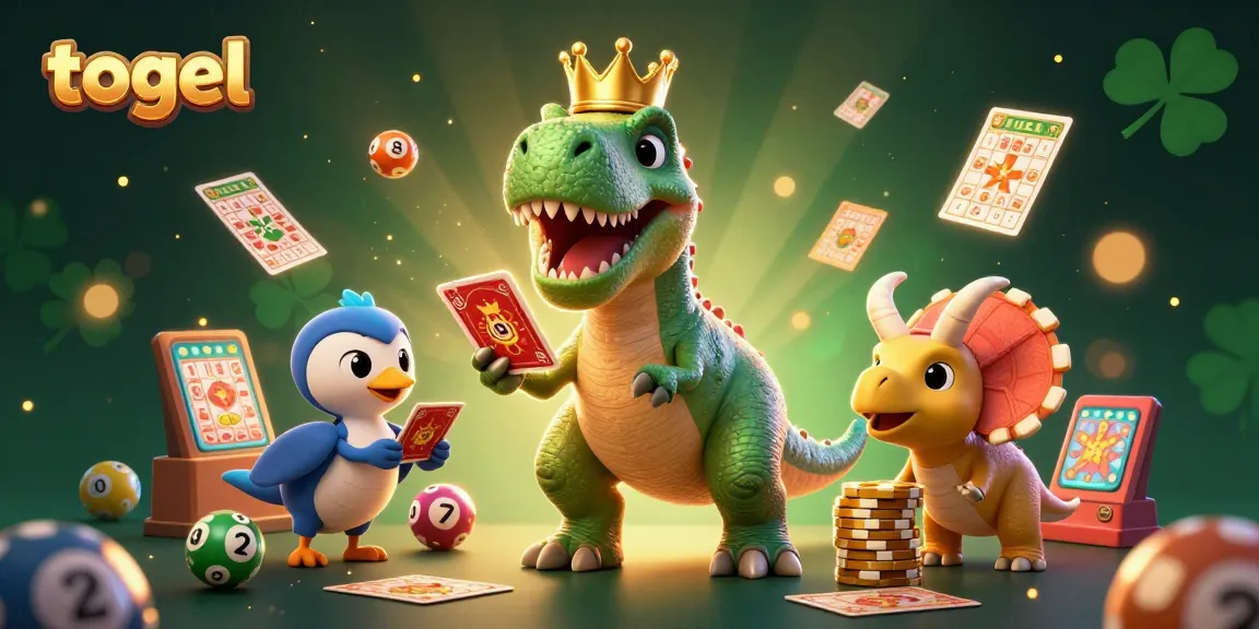 Exciting togel illustration with T-Rex and friends immersed in lottery gaming activities.
