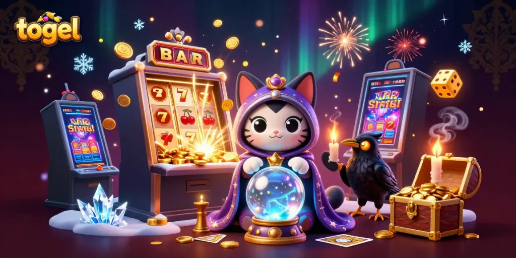 Engage with togel through the mystical world of a fortune teller cat and raven amidst casino excitement.