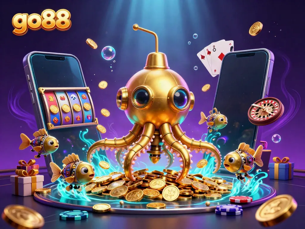 Engage with go88's vibrant slots through a dynamic scene of a golden kraken surrounded by rich casino elements.