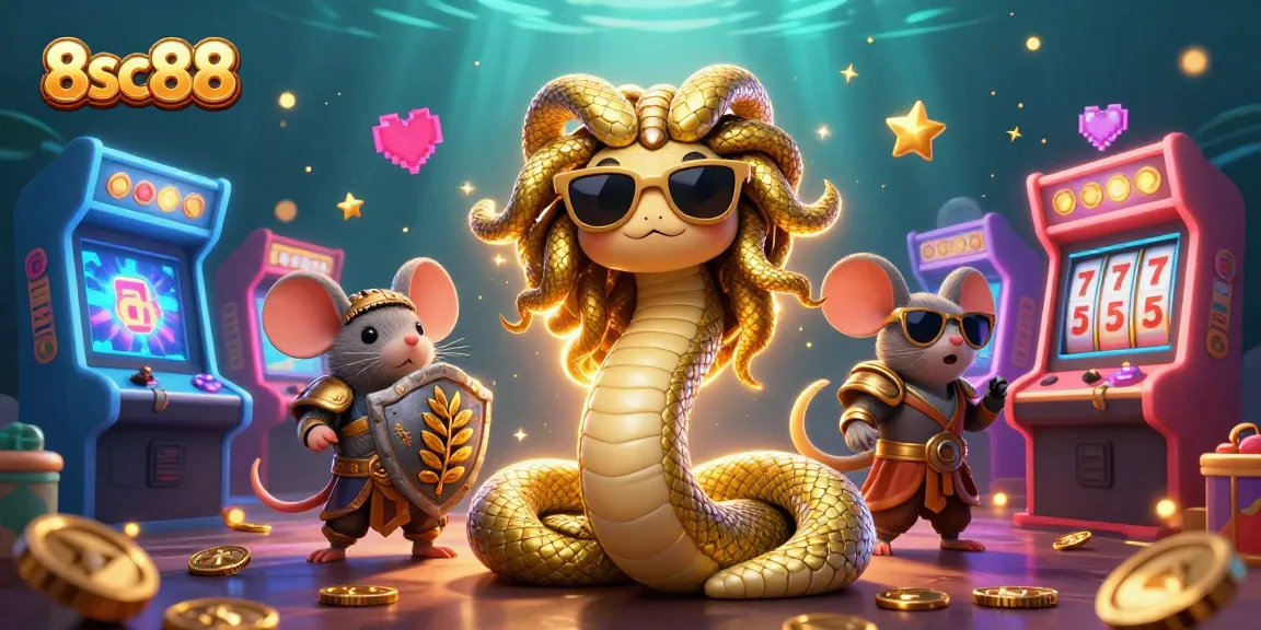 Bet on excitement with 8sc88, featuring a friendly Medusa and warrior mouse in a vibrant casino scene