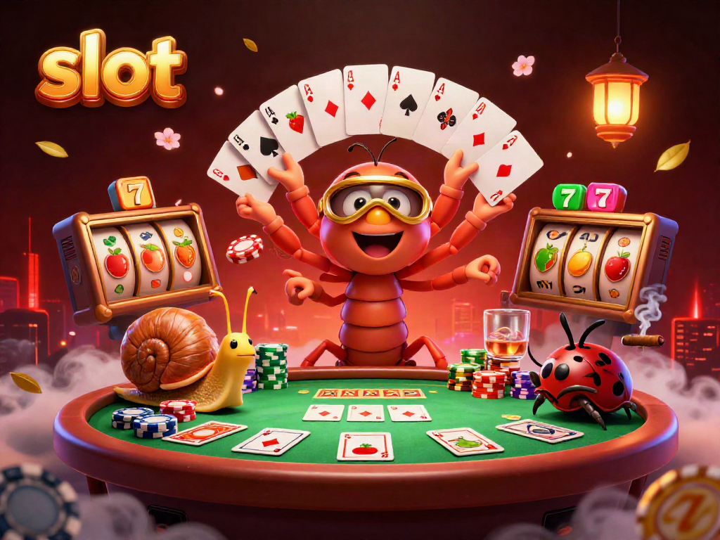 Experience thrilling slot action in a vibrant casino scene featuring a millipede dealer and high-roller characters.