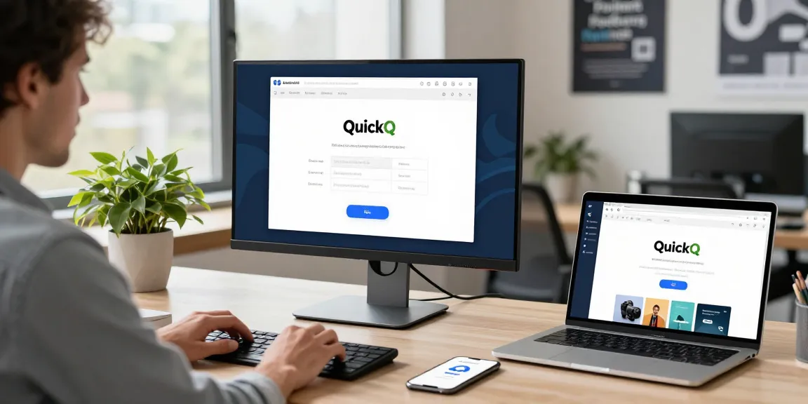 快速下载QuickQ应用程序界面的用户在现代办公桌前工作