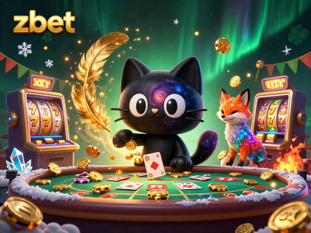 ZBET casino experience with a cosmic cat and nebula fox at a vibrant gaming table