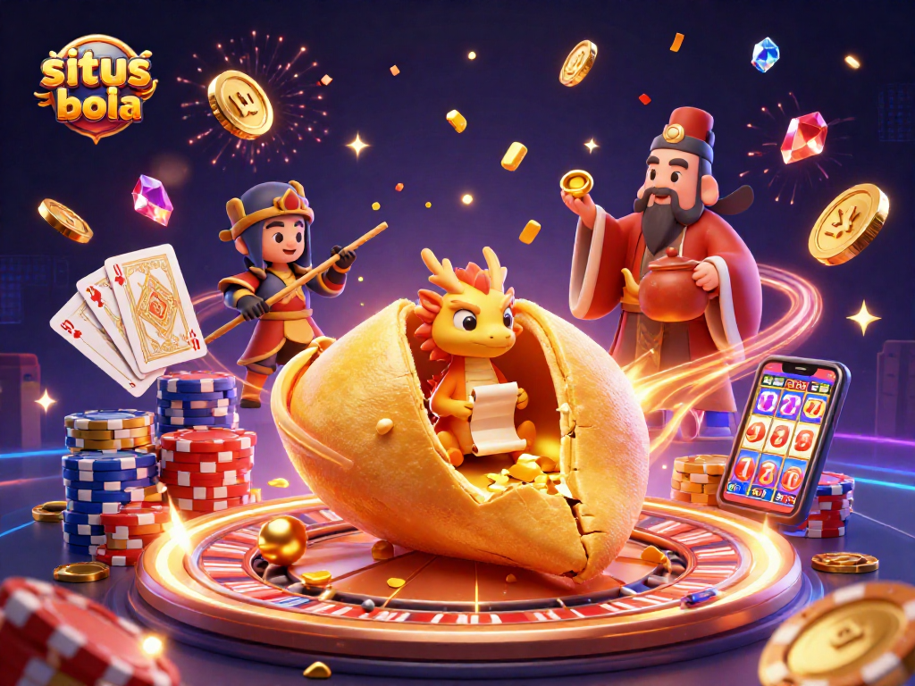 Place bets on situs judi bola with engaging gameplay from a vibrant 3D illustration featuring dynamic gambling elements.