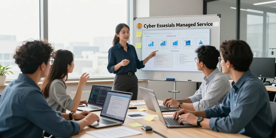 Cyber essentials managed service team collaborating in a high-tech office environment.