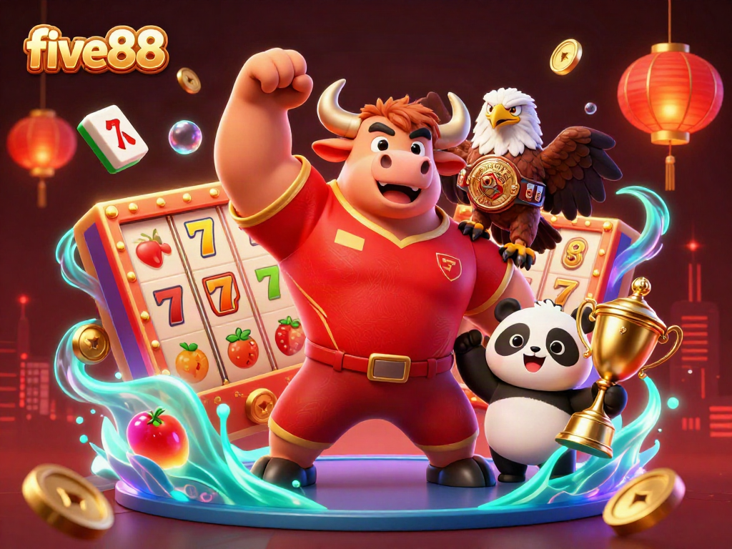 Experience the thrilling world of five88 with a vibrant 3D casino scene featuring a victorious bull mascot and top gaming elements.