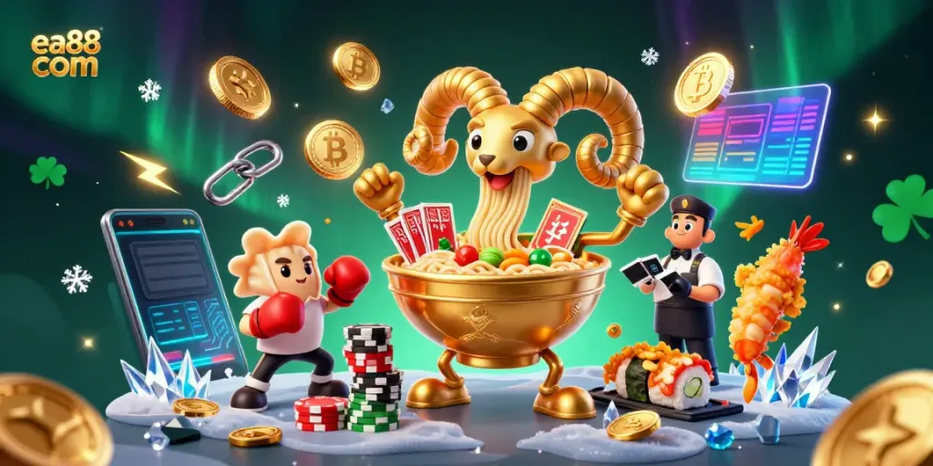 Experience the excitement of ea88 com with this vibrant 3D casino scene featuring fun food characters and dynamic gambling elements.