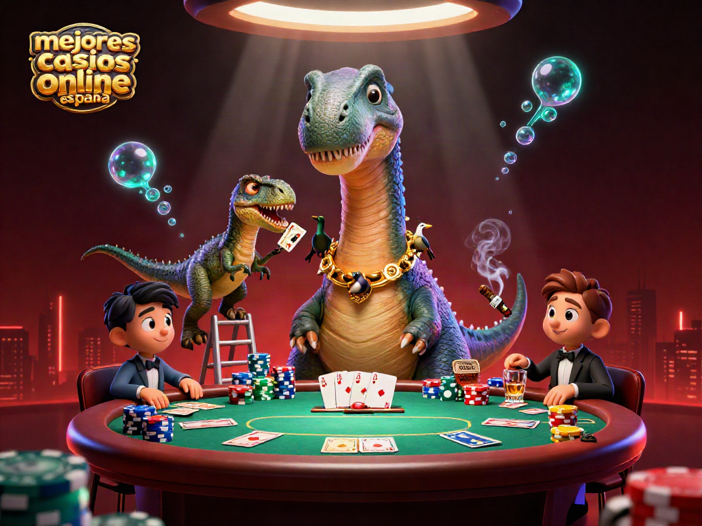 Los mejores casinos online España muestran un emocionante juego de póker con un brontosaurio y un velociraptor.