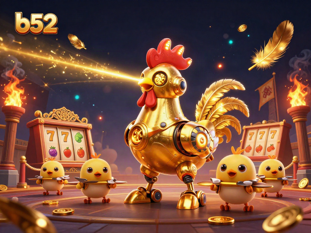 B52 gaming scene illustrates a golden rooster robot and chick drones amidst vibrant casino elements.