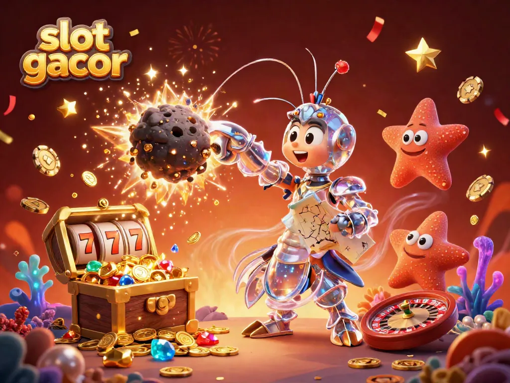 Experience the thrill of slot gacor with a vibrant 3D scene of a galactic samurai mantis shrimp amidst casino elements.