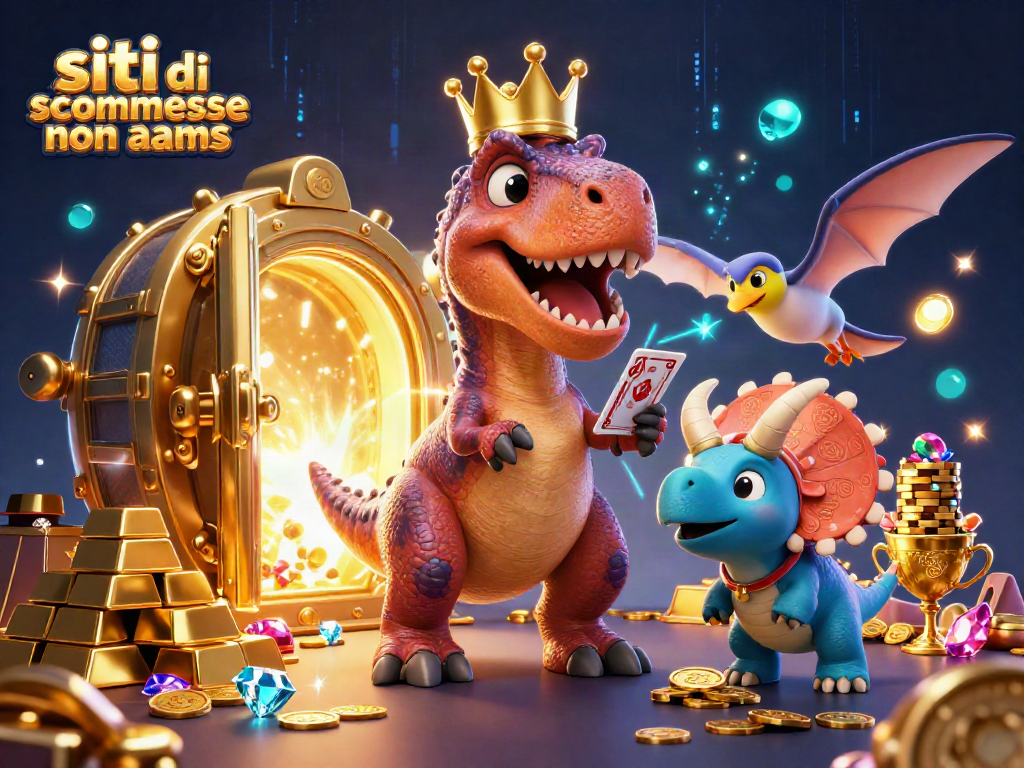 Scommetti con i siti di scommesse non aams con un T-Rex che gioca a carte circondato da tesori dorati e gemme